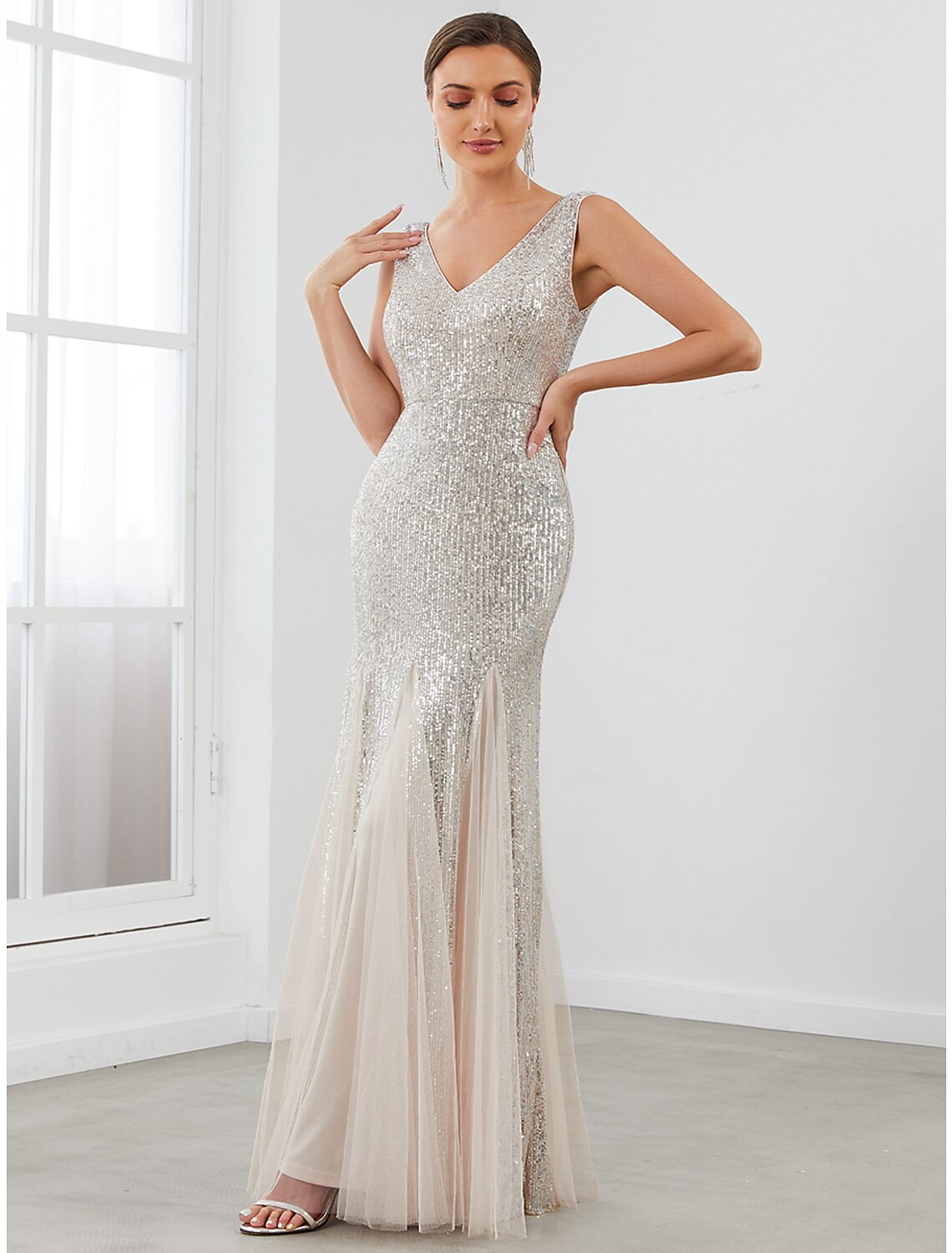 Meerjungfrau/Trompete Abendkleid, elegantes Kleid, formeller Abend, bodenlang, ärmellos, V-Ausschnitt, Pailletten, V-Rücken mit Pailletten, reine Farbe